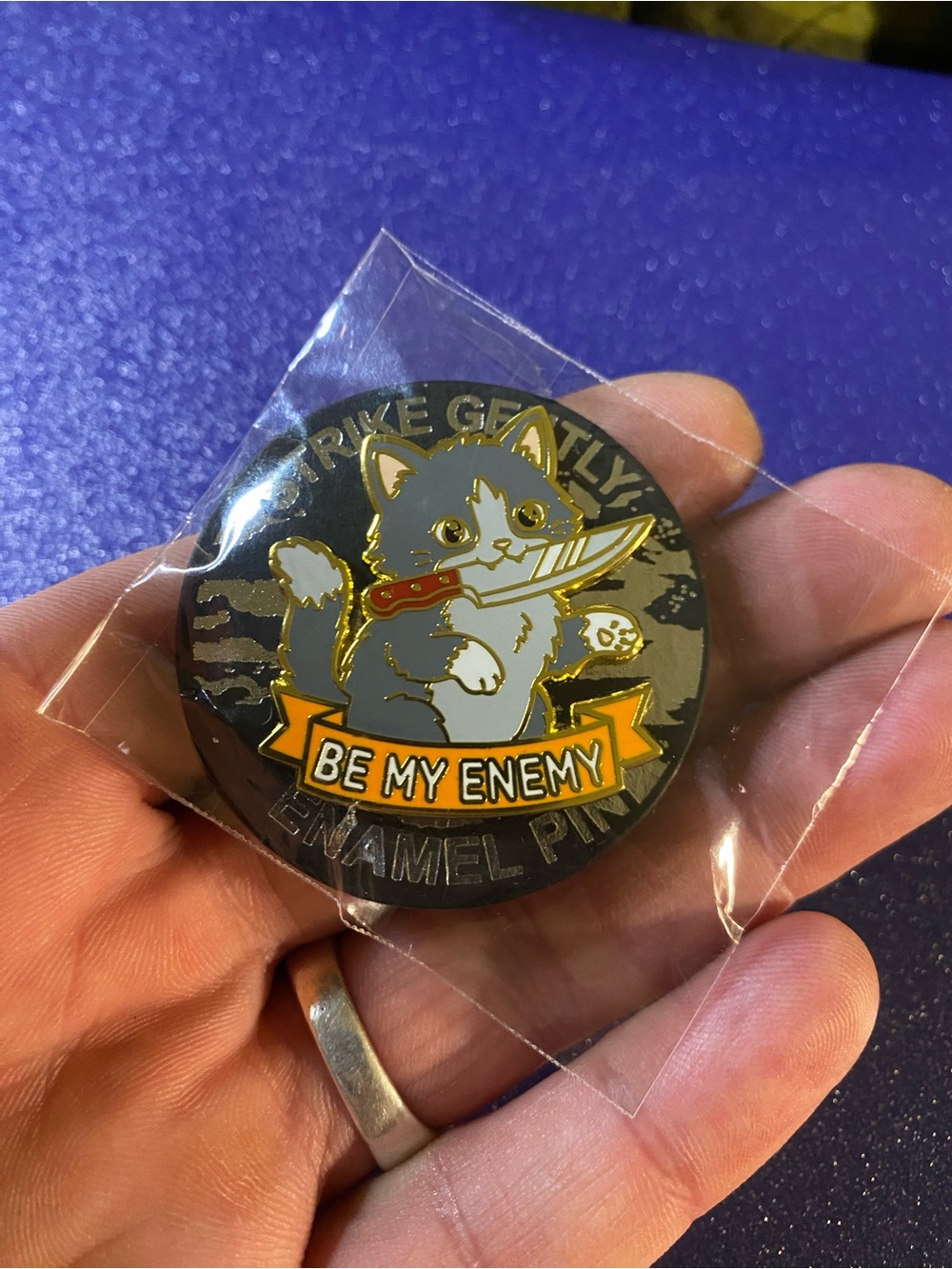 Brand New In Packaging Strike Gently “Be My Enemy” Stabby Kitty Enamel Pin